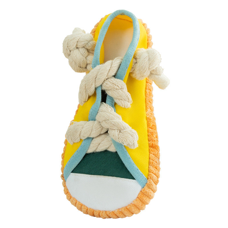 Durable Dog Chew Toy Squeaky Shoe with Cotton Rope Knot for Small Breed Puppies Teething Training and Play