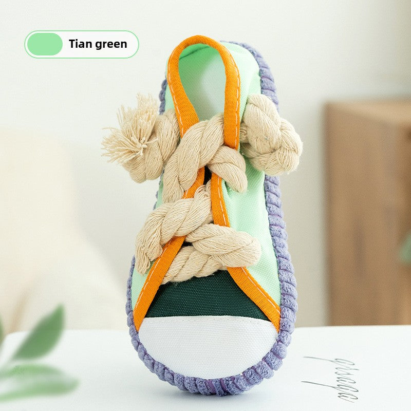 Durable Dog Chew Toy Squeaky Shoe with Cotton Rope Knot for Small Breed Puppies Teething Training and Play