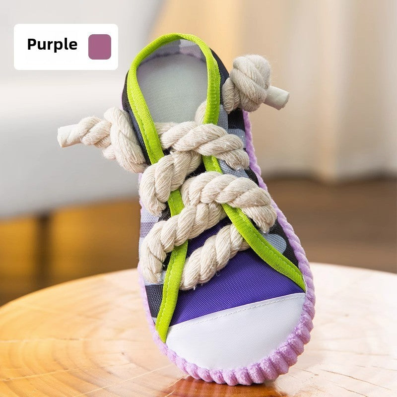 Durable Dog Chew Toy Squeaky Shoe with Cotton Rope Knot for Small Breed Puppies Teething Training and Play